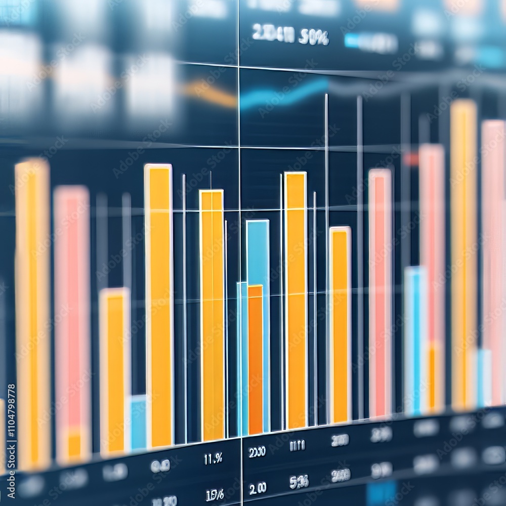 Poster close-up of financial data displayed on a computer screen showing various bar and line graphs illust