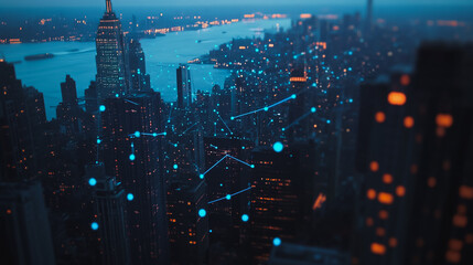 Fototapeta premium Smart digital city with connection cyber security network reciprocity over the twilight cityscape.future wireless digital city and social media networking systems that connects people within the city