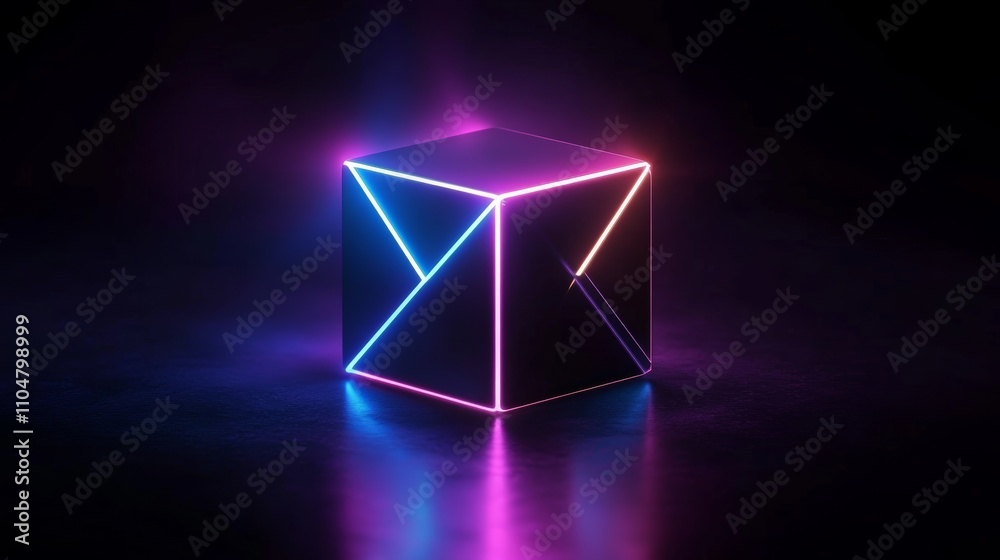 Poster futuristic 3d cube with neon lines in dark background, abstract geometric design, high-tech digital 