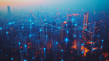 Obraz premium Smart digital city with connection cyber security network reciprocity over the twilight cityscape.future wireless digital city and social media networking systems that connects people within the city