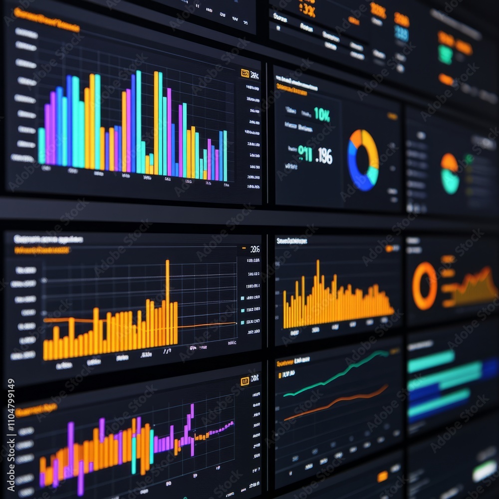 Poster close-up of multiple data charts and graphs displayed on a screen, showing various financial metrics