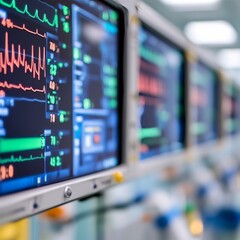 Close-up of medical monitors displaying vital signs in a hospital setting.