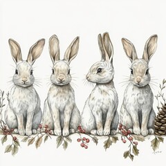 Fototapeta premium Seamless Pattern of Rabbits Berries and Botanical Elements Watercolor Design