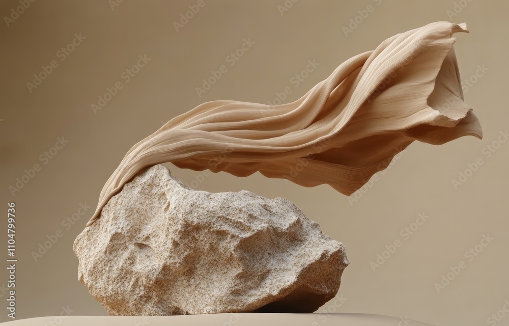 Aufkleber beige luxury display with stone podium and flowing fabric for cosmetic product presentation