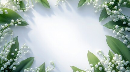 Minimalistic floral flat lay featuring small bouquets of lily of the valley framing the edges of the white canvas. Perfectly arranged with subtle gradients of shadow for realism.