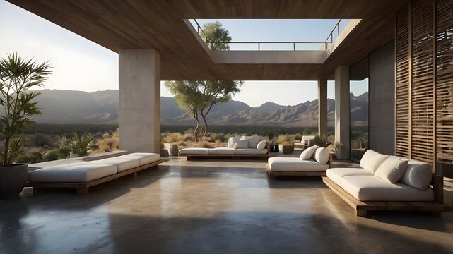 Spacious open living area with panoramic mountain views, featuring minimalist design, sleek furniture, and natural wood accents, creating a harmonious connection between indoor comfort and outdoor bea