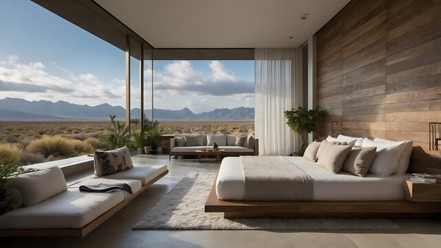 Spacious open living area with panoramic mountain views, featuring minimalist design, sleek furniture, and natural wood accents, creating a harmonious connection between indoor comfort and outdoor bea