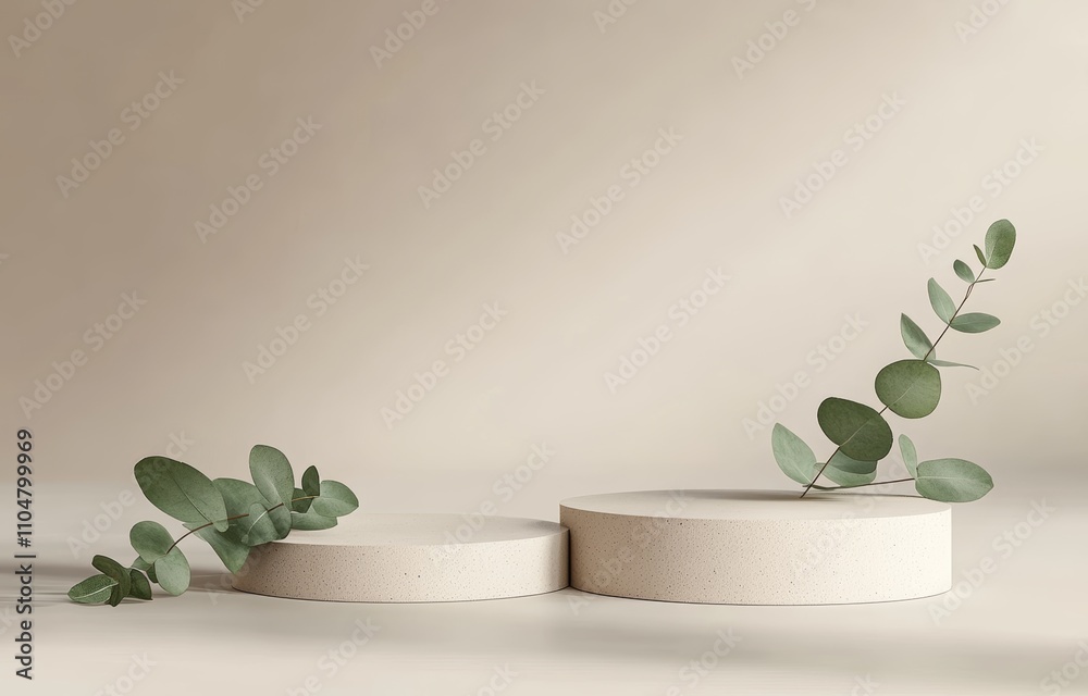 Poster minimalist 3d display podiums with eucalyptus leaves on beige background
