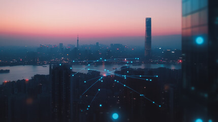 Fototapeta premium Smart digital city with connection cyber security network reciprocity over the twilight cityscape.future wireless digital city and social media networking systems that connects people within the city