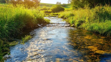 A serene stream flows through lush greenery under sunlight.