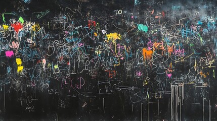 A wall covered in a black chalkboard surface, with colorful chalk scribbles and drawings visible