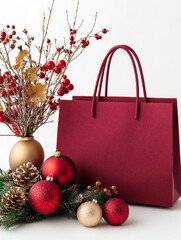 Elegant Christmas shopping display featuring red gift bag, festive ornaments, and decorative branches. Perfect for holiday decor and gift giving inspiration