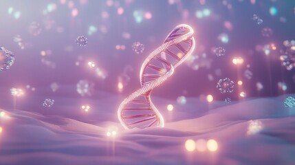 An ultramodern 3D medical backdrop with a DNA strand rendered as a glowing metallic helix, rotating slowly amidst a vast field of soft-focus, floating molecules. Subtle neon hues illuminate the strand