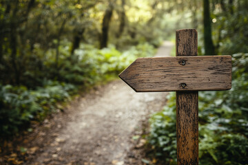 Directional Wooden Sign Along a Forest Pathway