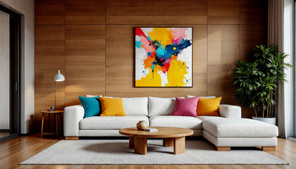 A modern and minimalist living room with a large wooden wall panel, a white sofa, a round wooden coffee table.