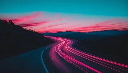 Night road with pink light trails

