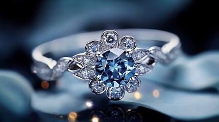 Elegant Silver Engagement Ring with Blue Diamond and Floral Patterns