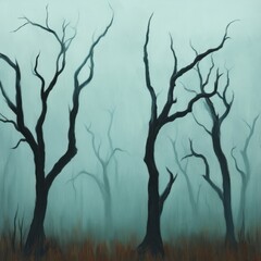 Obraz premium Dark, bare trees in a misty forest.