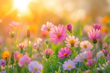 Fototapeta premium A field of wildflowers basking in the warm glow of the setting sun, creating a vibrant and colorful scene.
