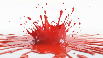 A vibrant splash of thick red paint exploding across a stark white background, with streaks and drops radiating outward in chaotic but beautiful patterns. The texture emphasizes the density and shine 