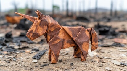 Fototapeta premium Origami Unicorn in Burned Forest Hope Resilience Wildlife Nature Craftsmanship