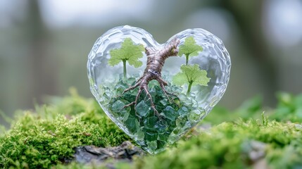 Glass Heart with Miniature Plants Green Gems Nature Artwork Eco Friendly