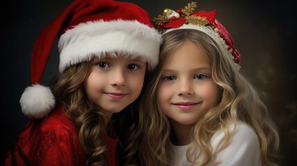 two beautfiul blonde girls wearing santa hat and decorations