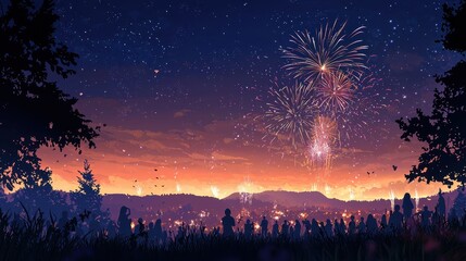 New Years Eve Fireworks with Silhouetted Crowd