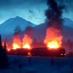 Fiery train derailment in snowy mountains at night.