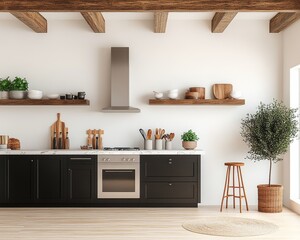 Minimalist Kitchen with White Walls Wooden Ceiling Beams Black Cabinets Marble Countertop