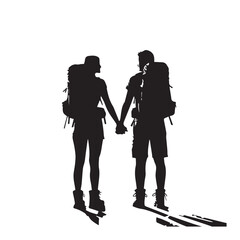 Couple Outdoors Vector Silhouette, Group of Hiking man Silhouettes. hiker with backpack and rucksacks silhouette.