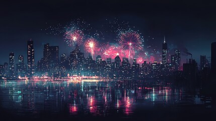 Fototapeta premium New Years Eve Fireworks Over City Skyline