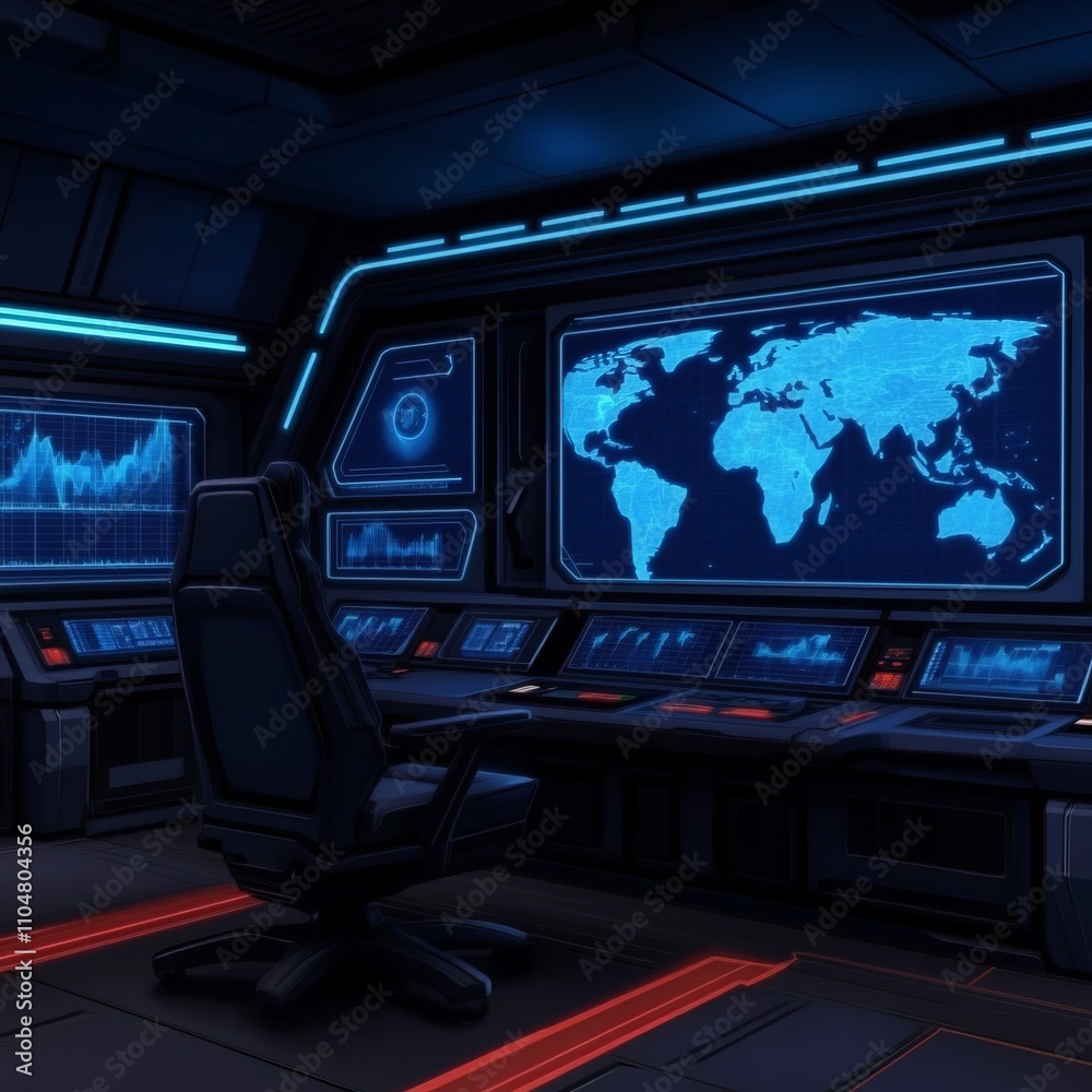 Poster futuristic control room with monitor showing world map and data.
