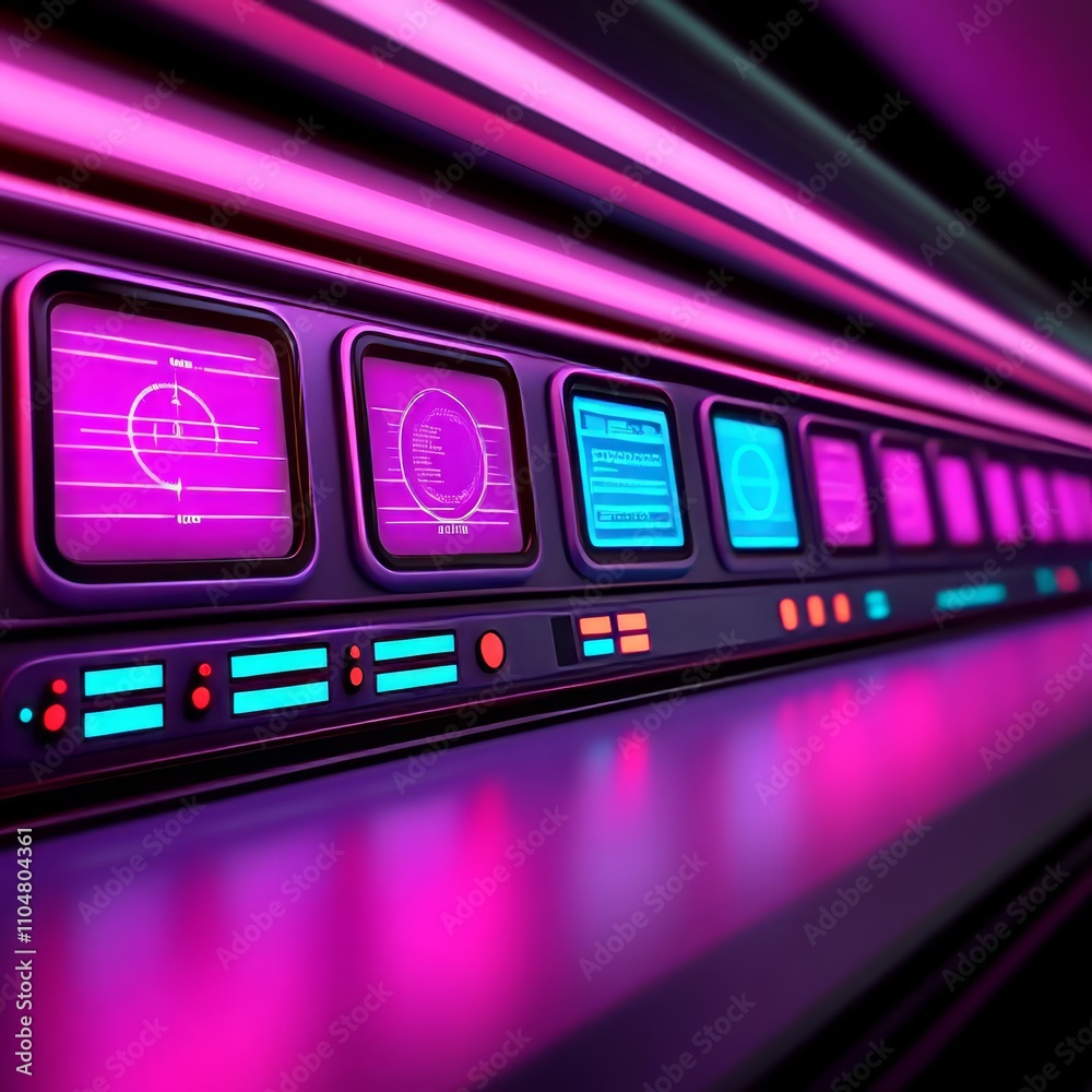 Poster futuristic control panel with glowing screens displaying data and currency symbols.