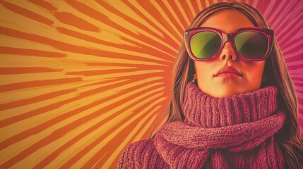 Vibrant Winter Style: Close-Up of a Woman in Colorful Accessories with Textured Sunglasses - Perfect for Sporty Interior Posters!
