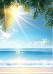 Tropical Beach Scene Summer Vacation with Sunlight Palm Leaves Blue Sky White Clouds Ocean Waves Sandy Shore