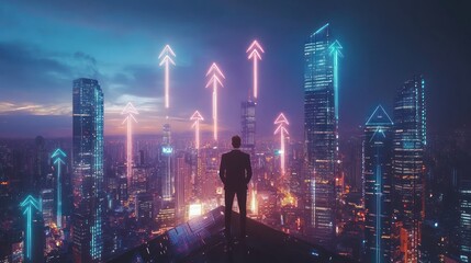 Businessman, cityscape, night, future, success, growth, progress, ambition, vision, opportunity, 