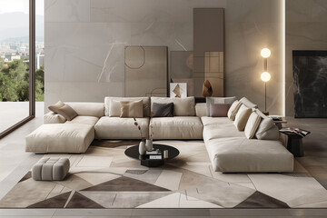 Fototapeta premium Modern living room interior design with modular furniture in neutral tones, an oversized geometric area rug, and subtle LED lighting strips.