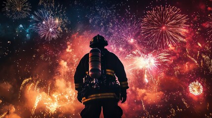 New Years Eve Fireworks with Silhouetted Firefighter