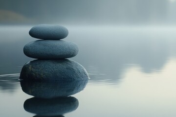 Three grey stones stacked on top of each other, floating on the surface of still water with a misty background.