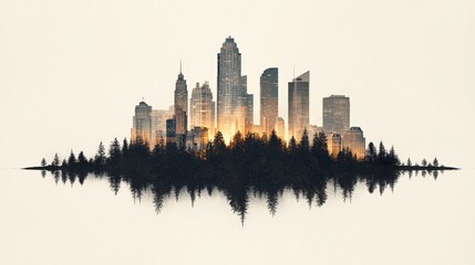 Fototapeta premium Grungy Cityscape Skyline at Sunset Urban Nature Forest Reflection