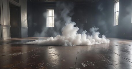 An empty floor with a large amount of smoke pouring from one corner, desolate landscape., gloomy mood
