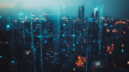 Obraz premium Smart digital city with connection cyber security network reciprocity over the twilight cityscape.future wireless digital city and social media networking systems that connects people within the city