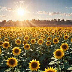 Obraz premium Bright sun shining over a field of vibrant sunflowers, nature, petals