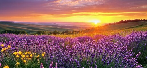 Naklejka premium Serene Meadow Sunset with Purple Lavender Flowers and Rolling Hills