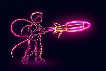 A striking neon illustration of a boy adorned in neon silhouette clothing, clutching a vibrant new year rocket amidst neon light streaks in shades of pink and purple against a dark backdrop.