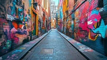 Naklejka premium Kolorowa ściana graffiti w miejskiej uliczce, pełna żywej sztuki ulicznej i wyrazistych wzorów