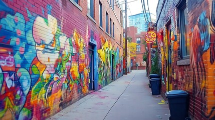 Naklejka premium A colorful graffiti wall in an urban alleyway, featuring vibrant street art and bold designs