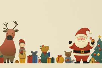 A whimsical Christmas scene featuring Santa Claus surrounded by adorable cartoon-like animals and characters, including reindeer, polar bears, snowmen, and a decorated Christmas tree.