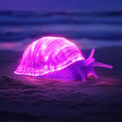 Glowing snail on beach at night.